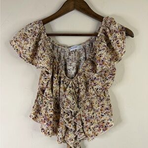 Arizona Jean Company Floral Ruffle Blouse - Cream and Purple